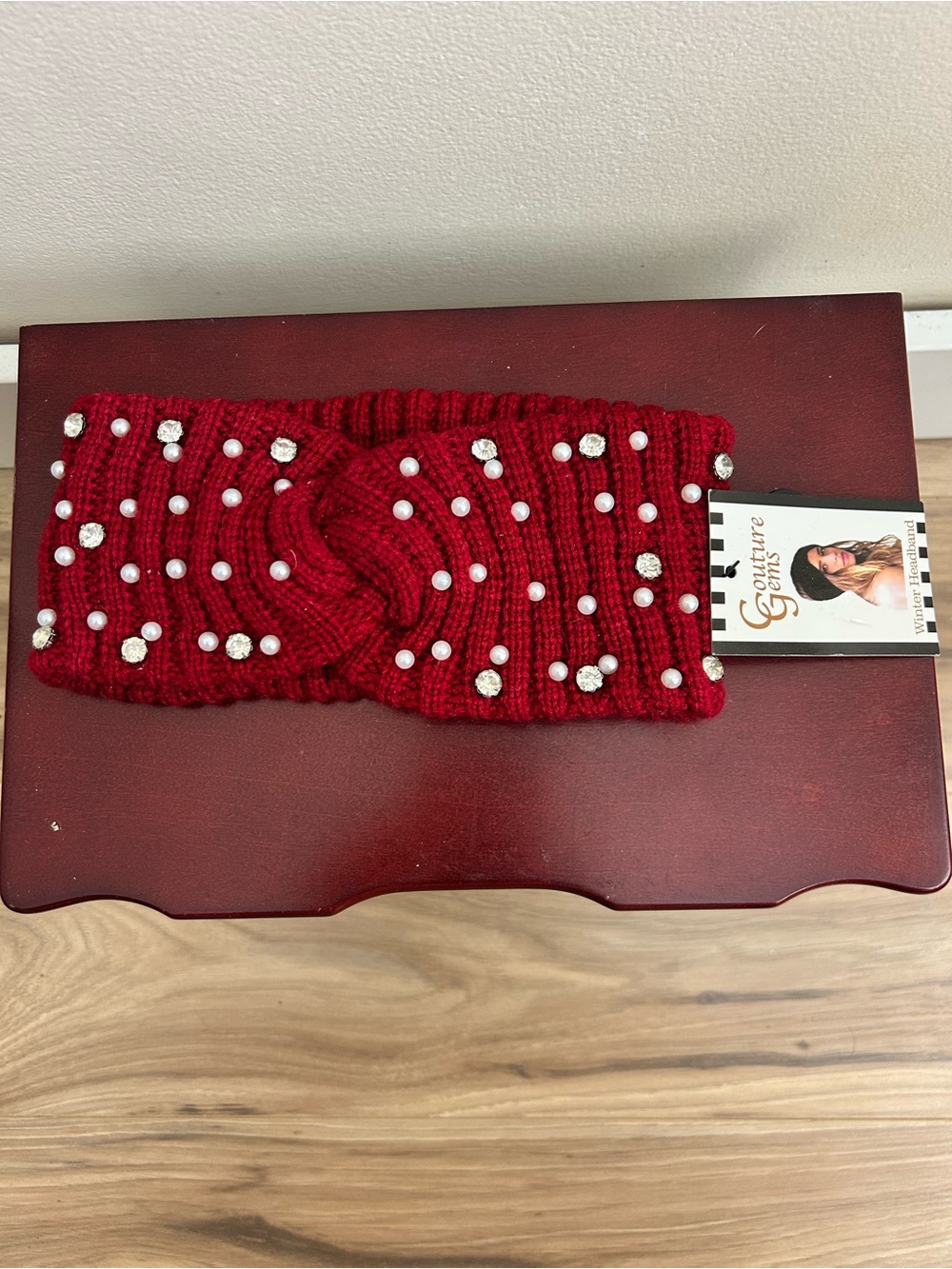 Couture Gems Women’s Red Knit Crochet Pearl And Rhinestone Turban Headband NWT